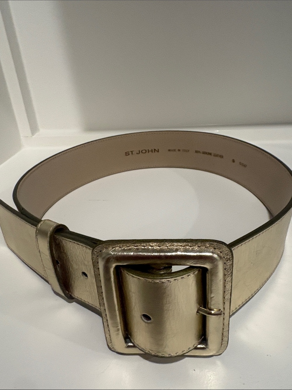 St. John Metallic Gold Leather Belt with Statement Buckle